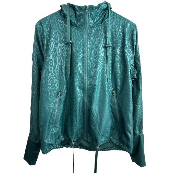 Zyia Active Hoodie Jacket Teal Green Leopard Print Windbreaker Full Zip Size M - Picture 2 of 15